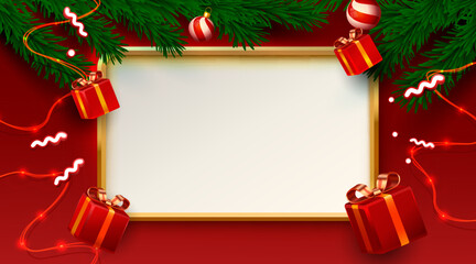 Elegant Christmas frame with fir branches, gifts, and festive lights. Blank space for your holiday message.