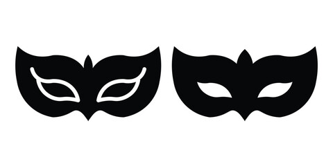 A collection of carnival mask vector icons, featuring black eye masks in a bold, decorative style, symbolizing mystery, masquerade balls,and Venetian carnival events, clean graphic symbols for holiday