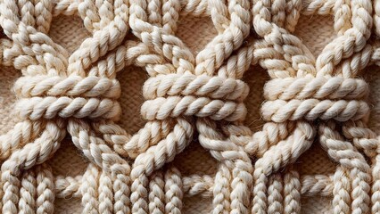 Fototapeta premium Close-up of thick cream ropes tied into interlocking knots, creating a woven, macrame-like texture. Concept Macro rope texture, Thick cream ropes, Interlocking knots, Macrame-inspired weave