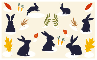 Rabbit Silhouette with Carrot and Leaves Vector Illustration