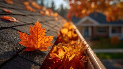 Obraz premium Close-up of a clean roof gutter filled with crisp, dry, golden-brown maple leaves. The setting is captured in bright autumn sun with rich textures.