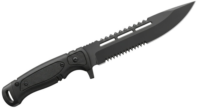 Tactical combat survival knife with serrated edge and rugged handle isolated on transparent background