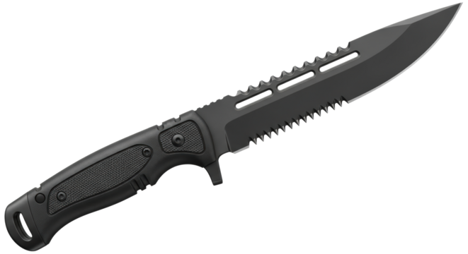Tactical combat survival knife with serrated edge and rugged handle isolated on transparent background