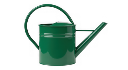 Green metal watering can isolated on transparent background