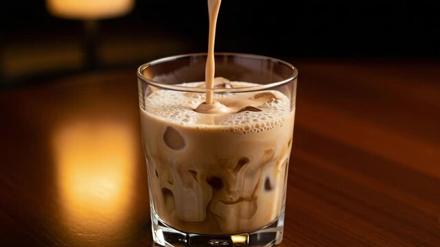 Iced latte being poured into a glass with ice cubes on a wooden table