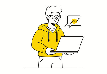 Young Man in Hoodie Working on Laptop Freelancer or Startup Growth Illustration