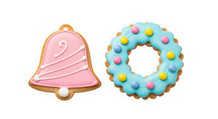 Two festive christmas cookies, a pink bell and a blue wreath decorated with colorful candies, isolated on transparent background