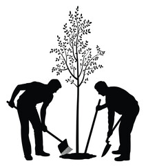 Silhouetted people planting a tree vector illustration scalable eps icon for environmental projects silhouette vector illustration white background