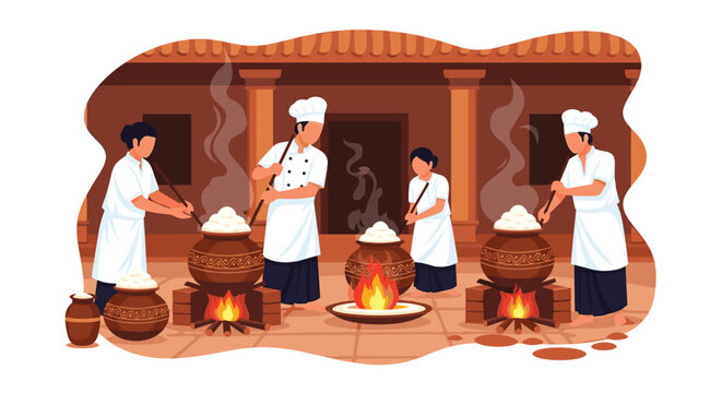 Community gathering cooks traditional rice dish during a cultural festival celebration