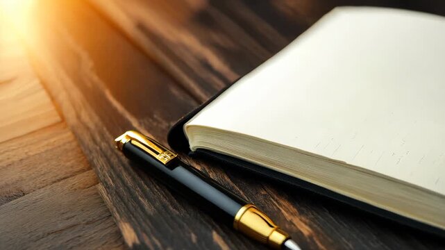 A minimalist scene featuring an open notebook and a sleek pen on a wooden table, ideal for showcasing creativity and organization in a workspace.