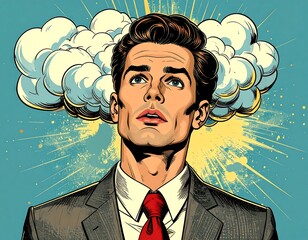 Cartoon-style illustration of a man with thoughts swirling above