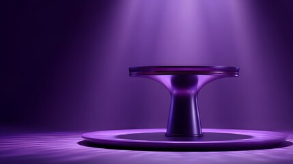 Modern pedestal illuminated by dramatic purple spotlights and reflecting light.