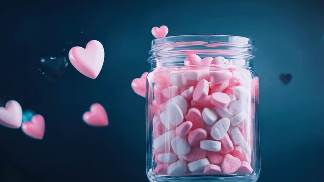 A charming jar filled with colorful candy hearts set against a dreamy, blurred heart background. Perfect for celebrating love or special occasions.