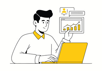 Illustration of a man sitting at a table, working on a laptop. showing an upward-trending line chart and bar graph, indicating data analysis or business growth.