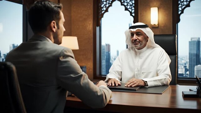 Two men in a business meeting, one in traditional attire. Cityscape visible through the window