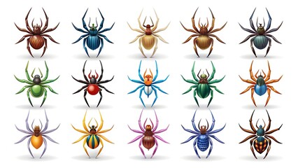 A collection of colorful spiders on a white background. Various spider species in bright colors, perfect for educational materials or entomology topics. Concepts of hunting, stealth, and attack.