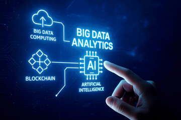 Finger touching screen displaying Big Data Analytics AI Blockchain and Cloud Computing icons artificial intelligence
