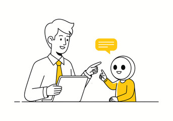 Illustration showing a man holding a tablet, engaging in a discussion with a AI robot.