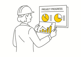 An illustration of a person looking at a "PROJECT PROGRESS" board displaying pie charts.