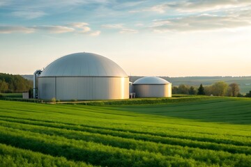 Modern biogas plant with silver domes in rural farmland, promoting sustainable agriculture and renewable energy in scenic countryside