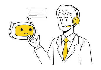 Illustration of a customer service representative or technician wearing a headset and tie. Presenting a small, friendly robot.