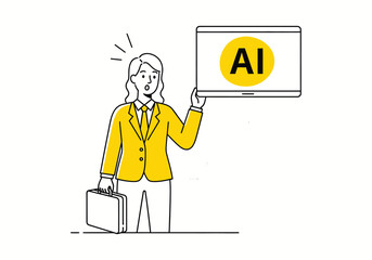 illustration of a businesswoman, holding a briefcase and displaying a screen containing the letters "AI"