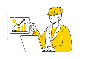 Illustration of a person working on a laptop. They are pointing at a screen showing an increasing line and bar graph indicating project analysis.
