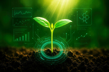 Futuristic seedling with digital data overlays in soil and sunlight agriculture technology
