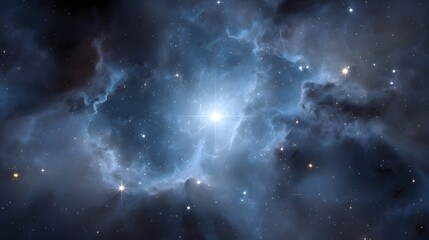 Naklejka premium Bright star illuminates swirling cosmic clouds and distant stellar bodies.
