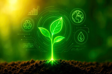 Glowing green plant sprout emerging from soil with digital icons representing sustainability and growth
