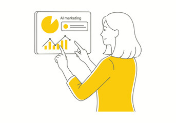 A vector cartoon illustration of a woman with a holography of business project blue print, a concept symbol for business success