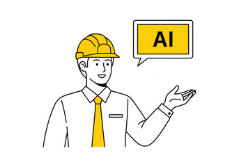 A cartoon construction worker in a safety helmet with a clipboard and a blueprint illustration
