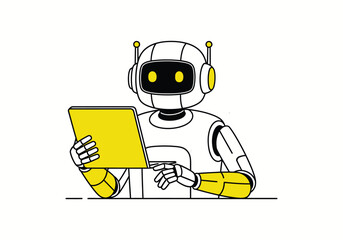 A cartoon robot character with a tablet and working on AI. vector illustration