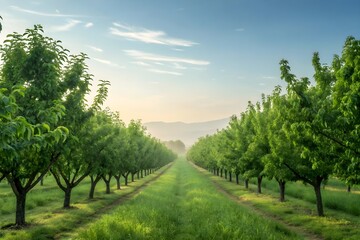 Fototapeta premium Symmetrical orchard with rows of lush green trees under soft light and misty hills, showcasing peaceful rural landscape and natural beauty