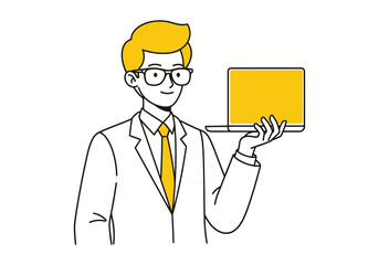 Cartoon illustration of a doctor in a suit holding a laptop