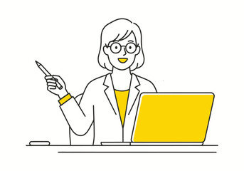 Cartoon illustration of a woman doctor, a girl,  while working on a computer laptop in an office setting