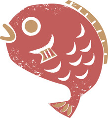 正月赤鯛のイラスト版画風　縁起物　アイコン　sea ​​bream