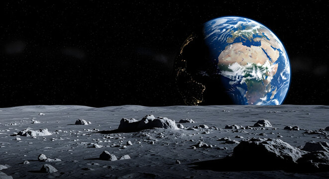 Earth View From the Moon: A breathtaking perspective of Earth rising over the moon's surface, a poignant reminder of our planet's beauty and the vastness of the universe.