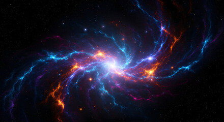 Celestial Symphony: An artistic display of cosmic energy and stellar phenomenon, a vibrant depiction of a galactic nebula, painted with swirling blues, fiery oranges, and celestial brilliance.