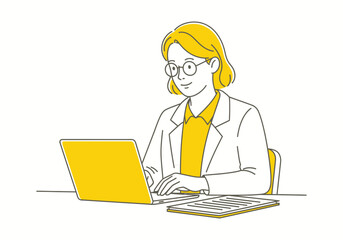 Smiling business woman with glasses working on a laptop at her office desk