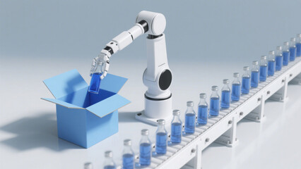 White Robotic Arm Next to a Conveyor Belt of Blue Vials, Against Bright Light Background &ndash; For Industrial Automation, Pharmaceutical Logistics & Factory Tech Visual Concepts
