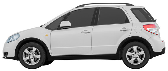 Side view white hatchback car