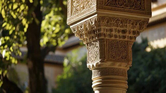 A close-up view of a pillar with a tree in the background, suitable for use in landscape or architectural photography