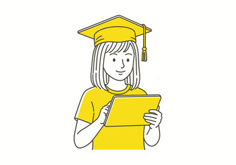 A illustration of a girl in a yellow dress with a graduation cap and a smile