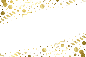 Golden confetti and streamers scattered across a black background with a central empty space for text isolated on transparent background