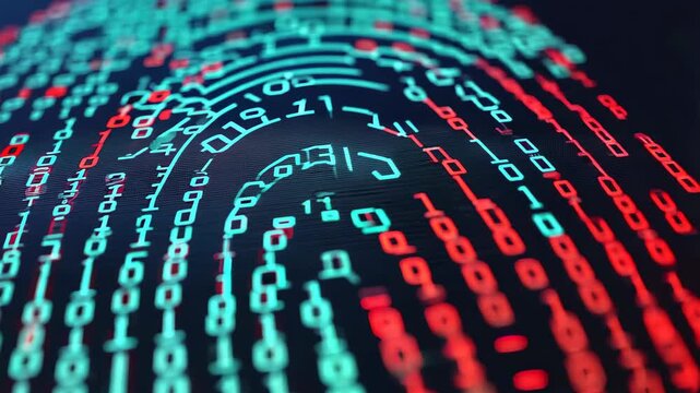 A captivating digital fingerprint against a dark backdrop, highlighted with binary code that represents modern technology and security, ideal for tech-related themes.