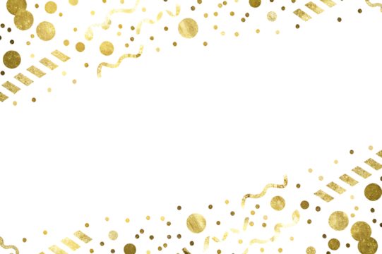 Golden confetti and streamers scattered across a black background with a central empty space for text isolated on transparent background