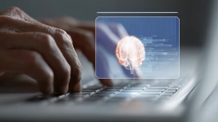 Close up of elderly hands typing on laptop keyboard with holographic projection of human brain, symbolizing artificial intelligence development - Powered by Adobe