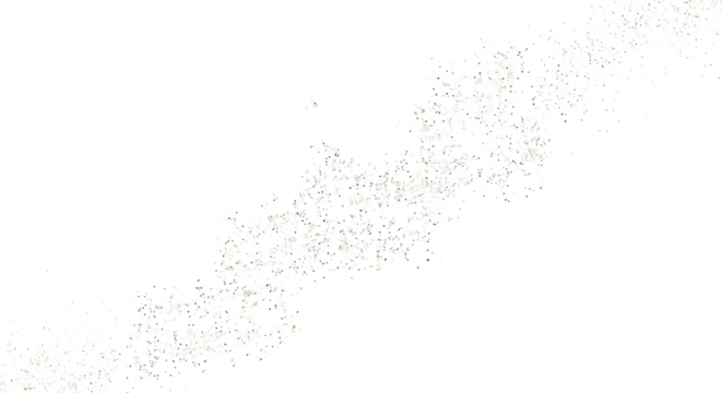 Abstract swirling pattern of tiny white dots and specks creating a dynamic diagonal flow against a deep black void isolated on transparent background