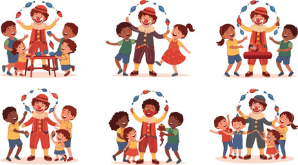 Happy clown entertaining cheerful children with fun games, juggling show, laughter, and playful activities at a kids’ party celebration